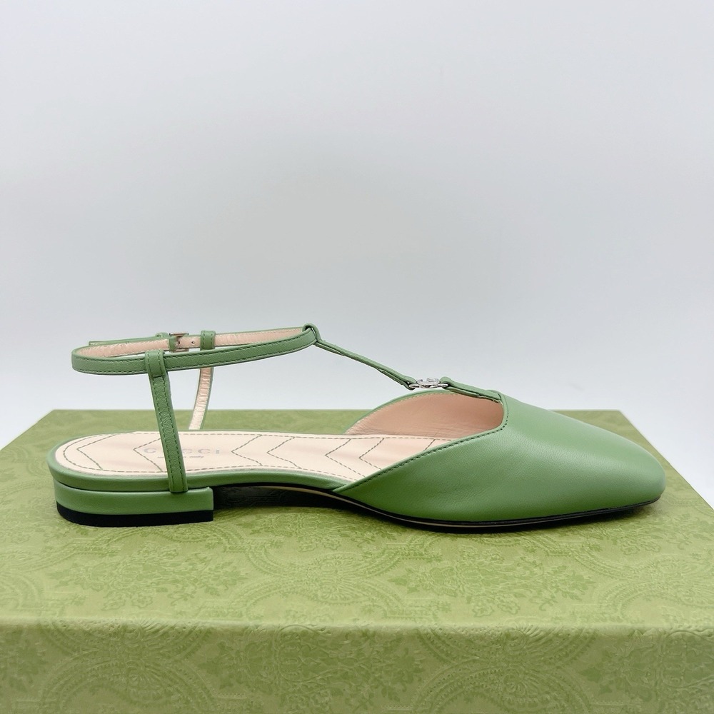 GUCCI Women Ballet Flat DOUBLE G INTERLOCKING LOGO Slingback Green Leather EU 36 - Picture 8 of 11